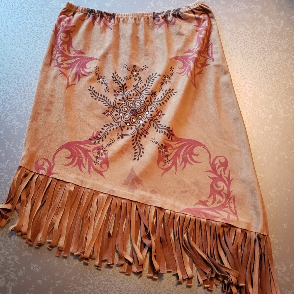 Faux Suede Tan Fringed Skirt - Small